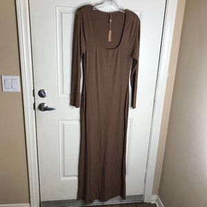 NWT SKIMS Soft Lounge Ribbed Long Sleeve Dress Wood AP-DRS-1701 ~ Size XL